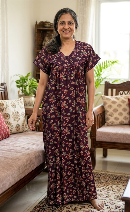 Wine Purple Garden Spun Nighty. Flowy Spun Fabric | Laces and Frills - Laces and Frills