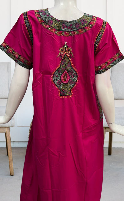 Rani Pink Embroidery Soft Cotton Nighty. Soft Breathable Fabric | Laces and Frills - Laces and Frills