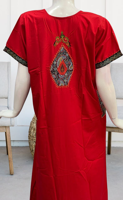 Red Embroidery Soft Cotton Nighty. Soft Breathable Fabric | Laces and Frills - Laces and Frills