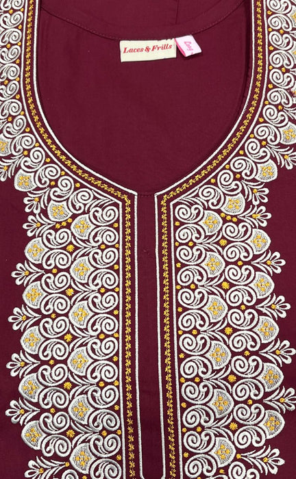 Maroon Embroidery Soft Cotton Nighty. Soft Breathable Fabric | Laces and Frills - Laces and Frills