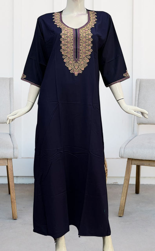 Navy Blue Embroidery Soft Cotton Nighty. Soft Breathable Fabric | Laces and Frills - Laces and Frills