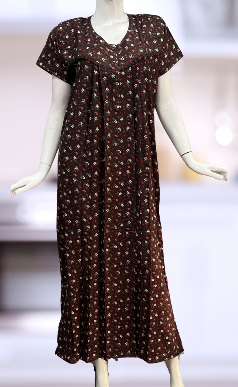 Brown Tiny Floral Spun Nighty. Flowy Spun Fabric | Laces and Frills - Laces and Frills