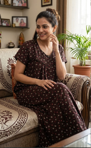 Brown Tiny Floral Spun Nighty. Flowy Spun Fabric | Laces and Frills - Laces and Frills