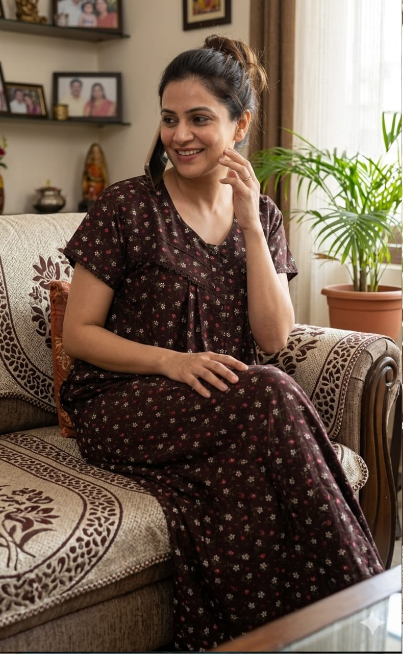 Brown Tiny Floral Spun Nighty. Flowy Spun Fabric | Laces and Frills - Laces and Frills