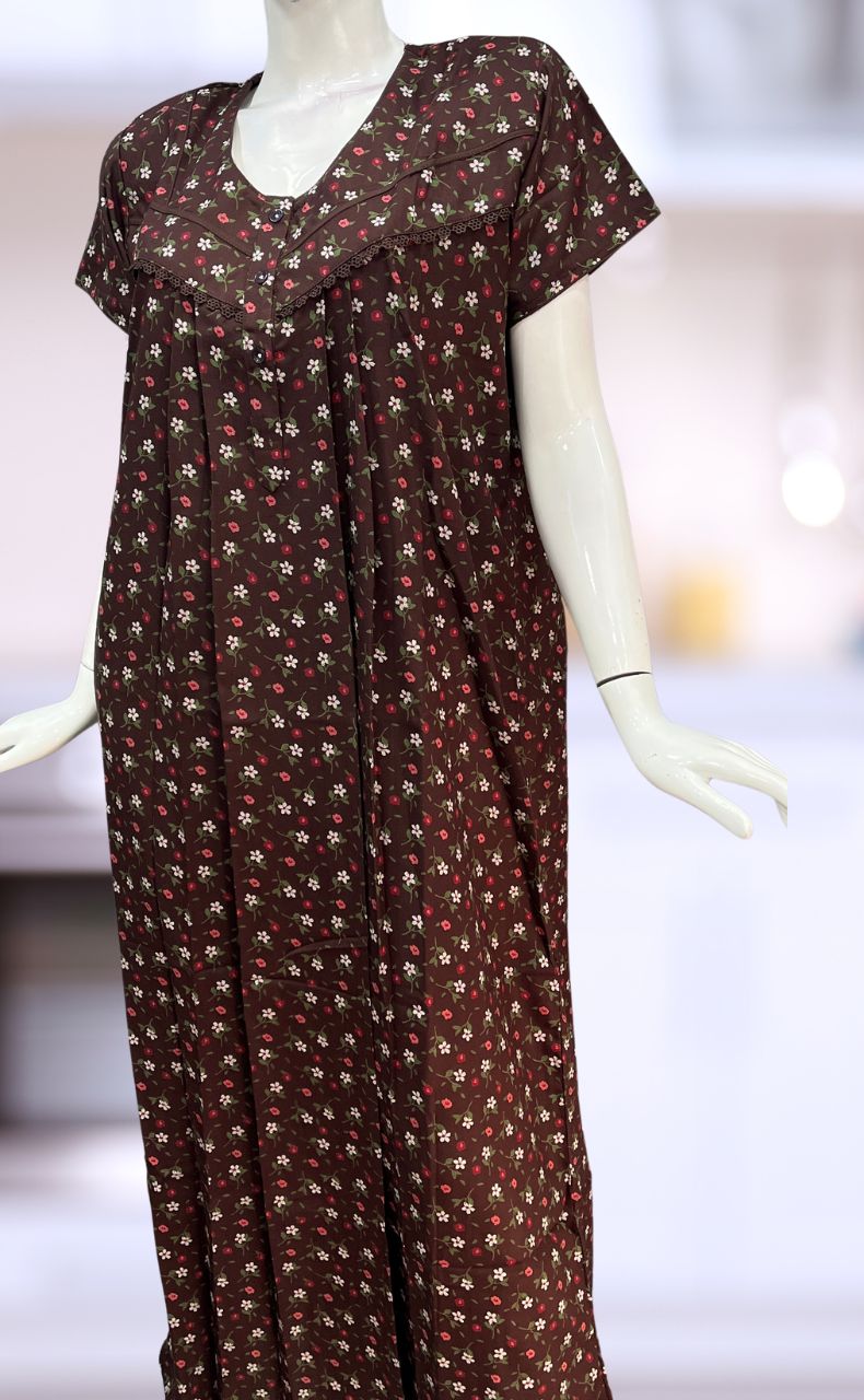 Brown Tiny Floral Spun Nighty. Flowy Spun Fabric | Laces and Frills - Laces and Frills