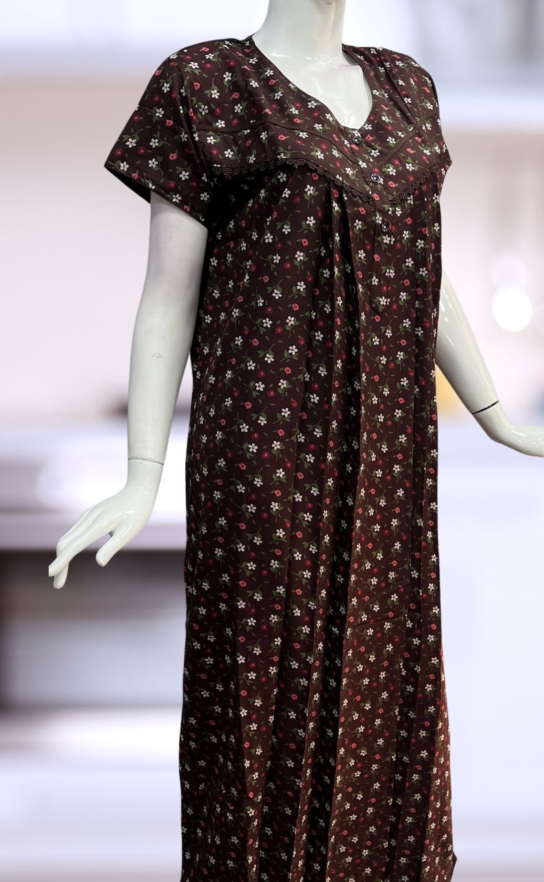 Brown Tiny Floral Spun Nighty. Flowy Spun Fabric | Laces and Frills - Laces and Frills