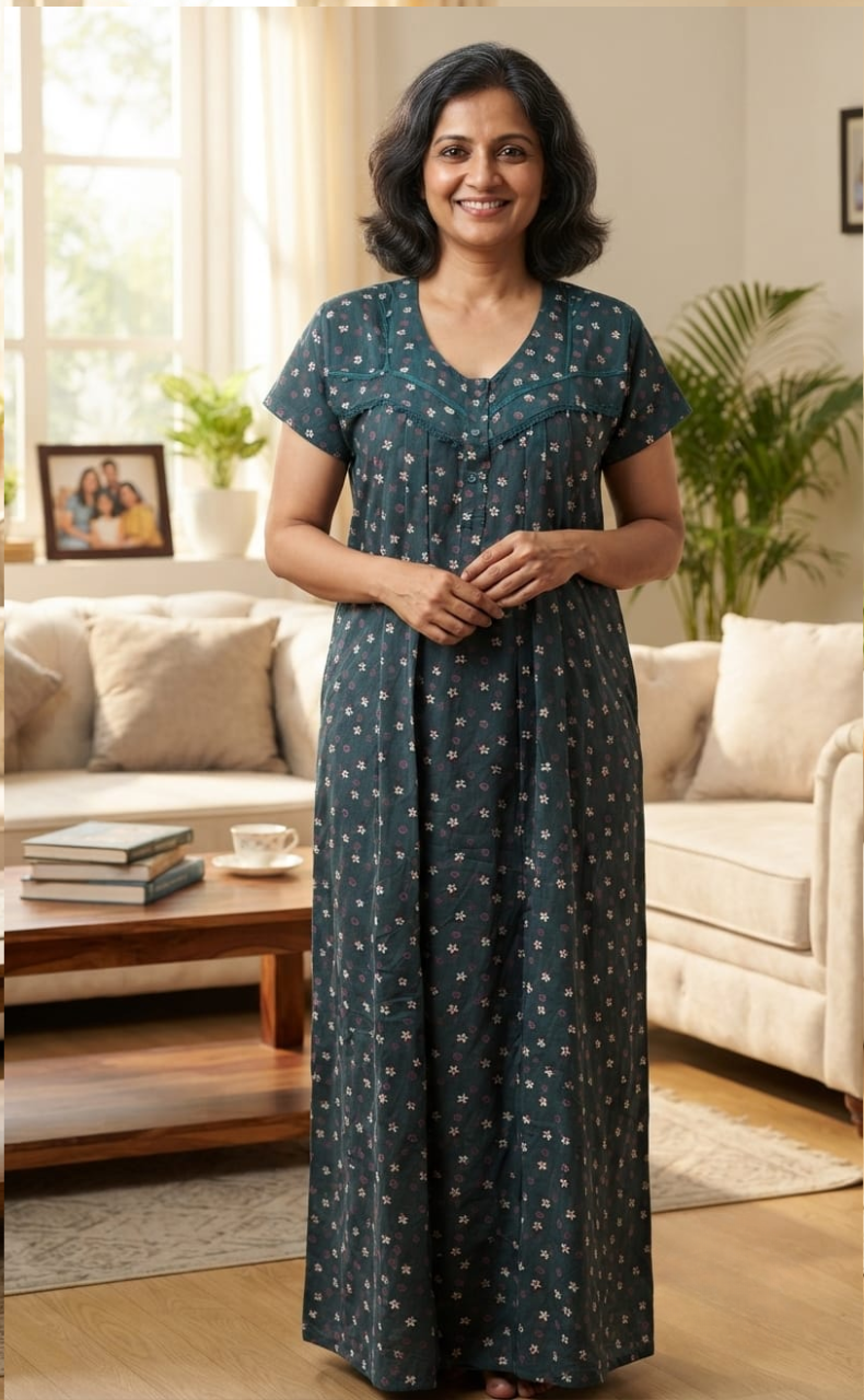 Teal Blue Tiny Floral Spun Nighty. Flowy Spun Fabric | Laces and Frills