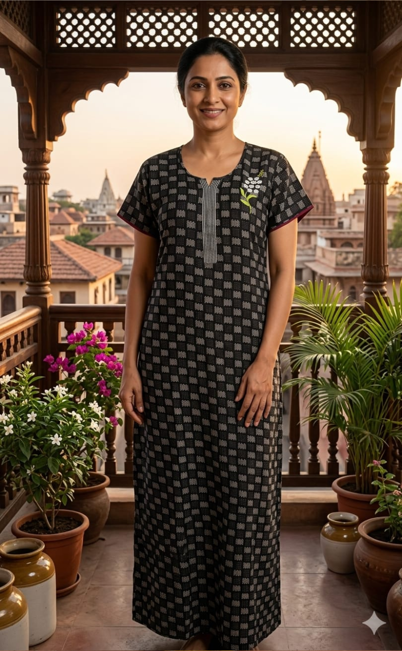 Black Abstract Spun Nighty. Flowy Spun Fabric | Laces and Frills - Laces and Frills