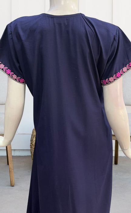 Navy Blue Embroidery Soft Cotton Nighty.Soft Breathable Fabric | Laces and Frills - Laces and Frills
