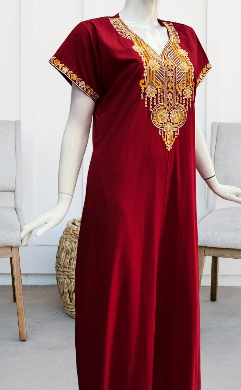 Maroon Embroidery Soft Cotton Nighty.Soft Breathable Fabric | Laces and Frills - Laces and Frills