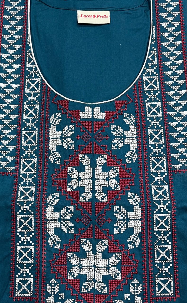 Teal Blue Embroidery Soft Cotton Nighty.Soft Breathable Fabric | Laces and Frills - Laces and Frills