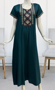 Teal Blue Embroidery Soft Cotton Nighty.Soft Breathable Fabric | Laces and Frills - Laces and Frills