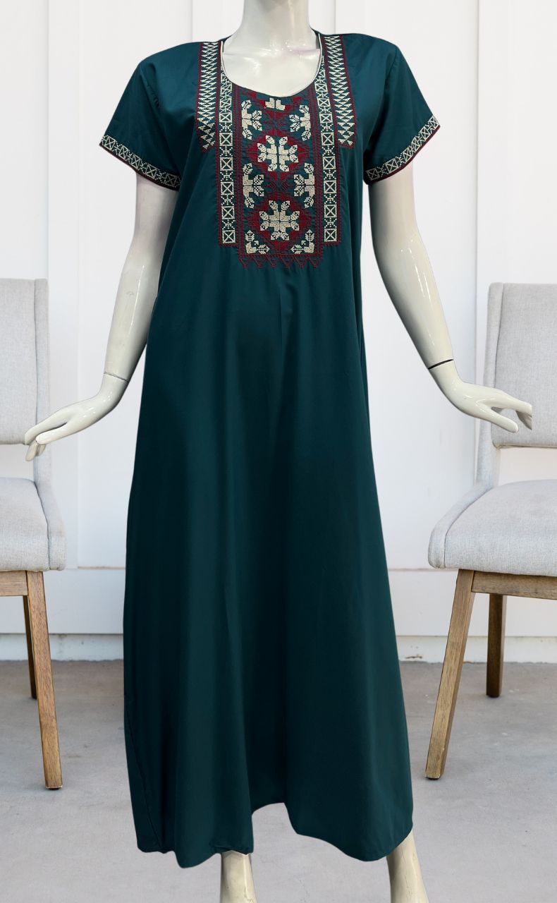 Teal Blue Embroidery Soft Cotton Nighty.Soft Breathable Fabric | Laces and Frills - Laces and Frills
