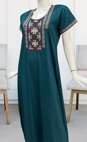 Teal Blue Embroidery Soft Cotton Nighty.Soft Breathable Fabric | Laces and Frills - Laces and Frills