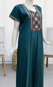 Teal Blue Embroidery Soft Cotton Nighty.Soft Breathable Fabric | Laces and Frills - Laces and Frills