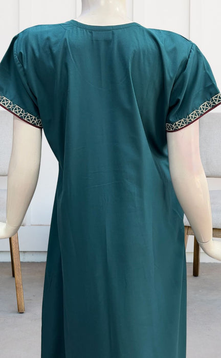 Teal Blue Embroidery Soft Cotton Nighty.Soft Breathable Fabric | Laces and Frills - Laces and Frills