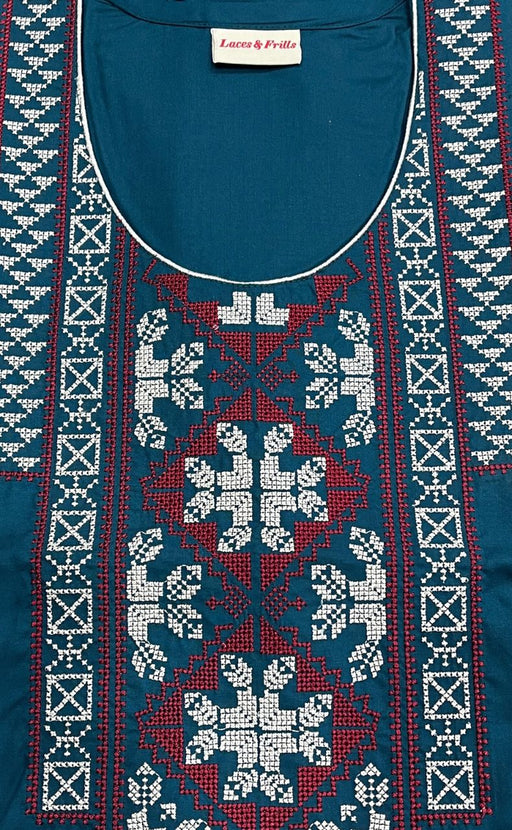 Teal Blue Embroidery Soft Cotton Nighty.Soft Breathable Fabric | Laces and Frills - Laces and Frills