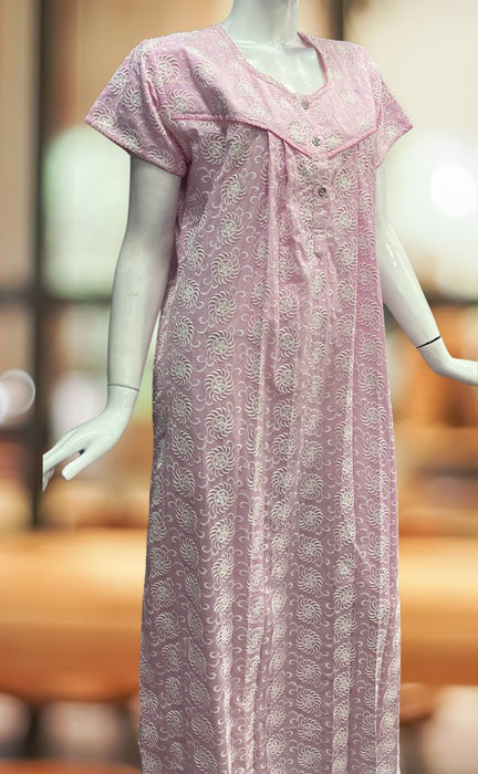 Baby Pink Abstract Pure Cotton Chikankari Nighty. Pure Durable Cotton | Laces and Frills - Laces and Frills