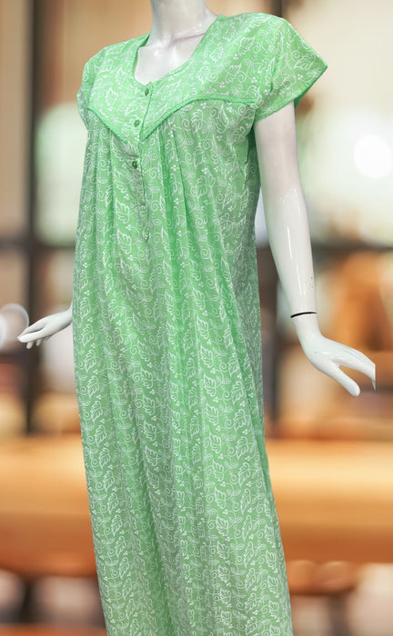 Green Floral Pure Cotton Chikankari Nighty. Pure Durable Cotton | Laces and Frills - Laces and Frills