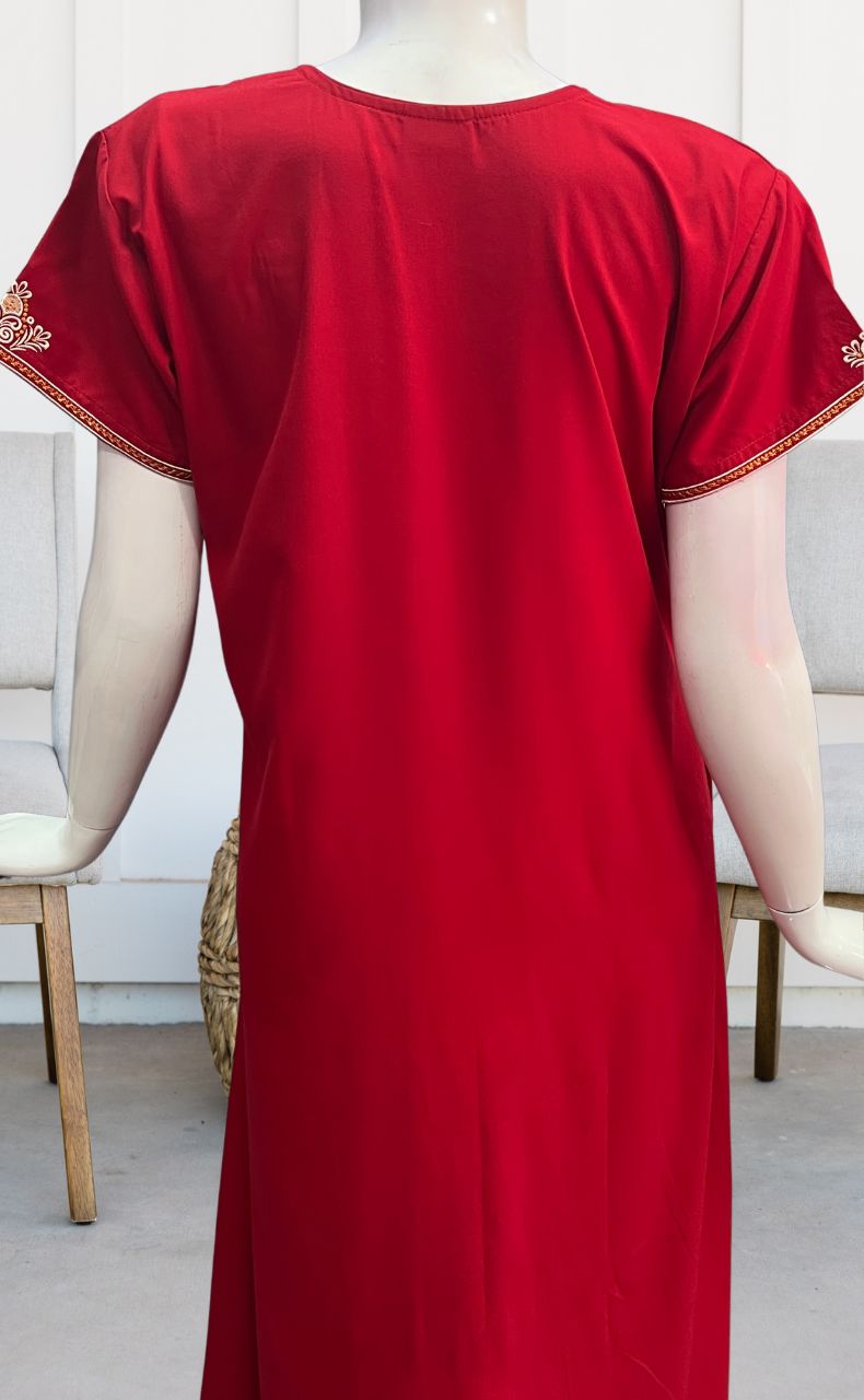 Red Embroidery Soft Cotton Nighty.Soft Breathable Fabric | Laces and Frills - Laces and Frills