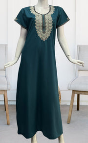 Teal Blue Embroidery Soft Cotton Nighty.Soft Breathable Fabric | Laces and Frills - Laces and Frills