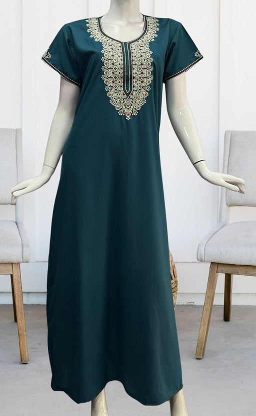 Teal Blue Embroidery Soft Cotton Nighty.Soft Breathable Fabric | Laces and Frills - Laces and Frills