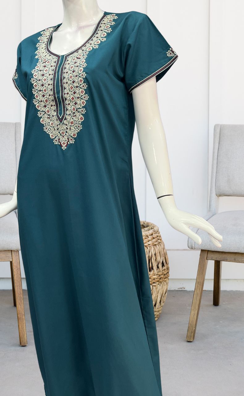 Teal Blue Embroidery Soft Cotton Nighty.Soft Breathable Fabric | Laces and Frills - Laces and Frills