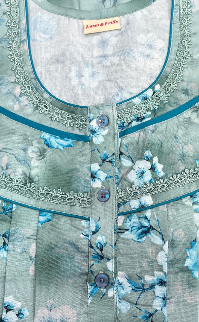 Sea Green Floral Spun Nighty. Flowy Spun Fabric | Laces and Frills - Laces and Frills