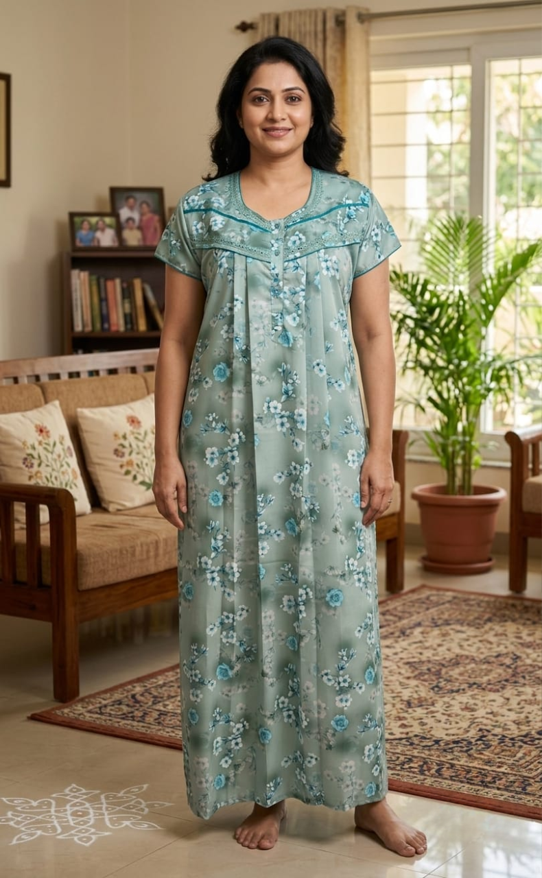Sea Green Floral Spun Nighty. Flowy Spun Fabric | Laces and Frills