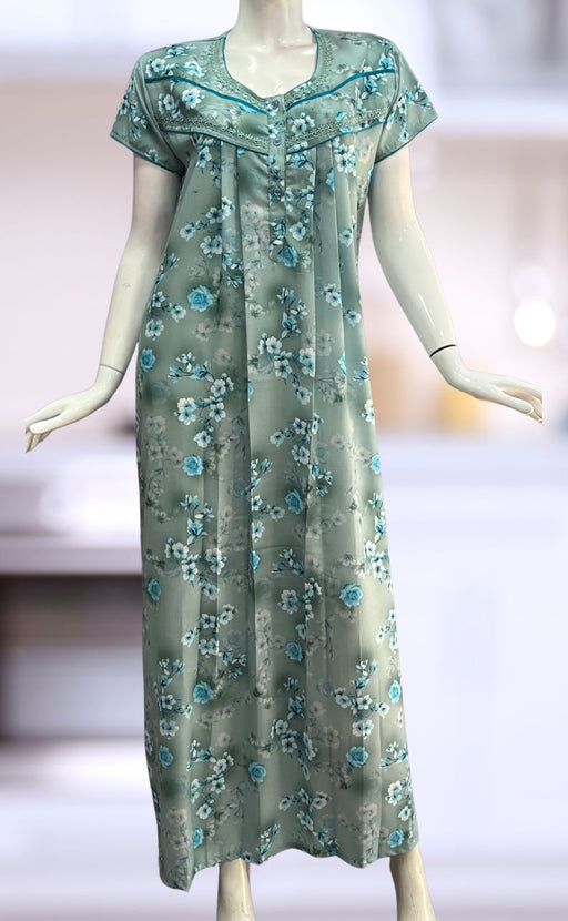 Sea Green Floral Spun Nighty. Flowy Spun Fabric | Laces and Frills - Laces and Frills