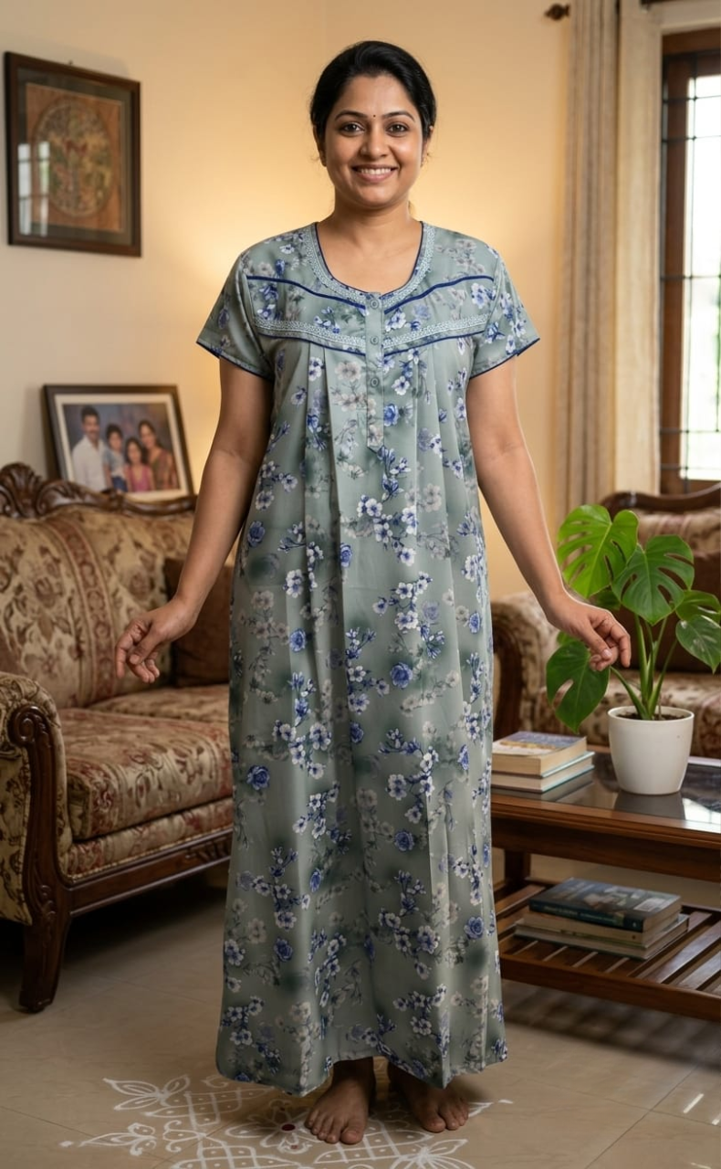 Blue Floral Spun Nighty. Flowy Spun Fabric | Laces and Frills
