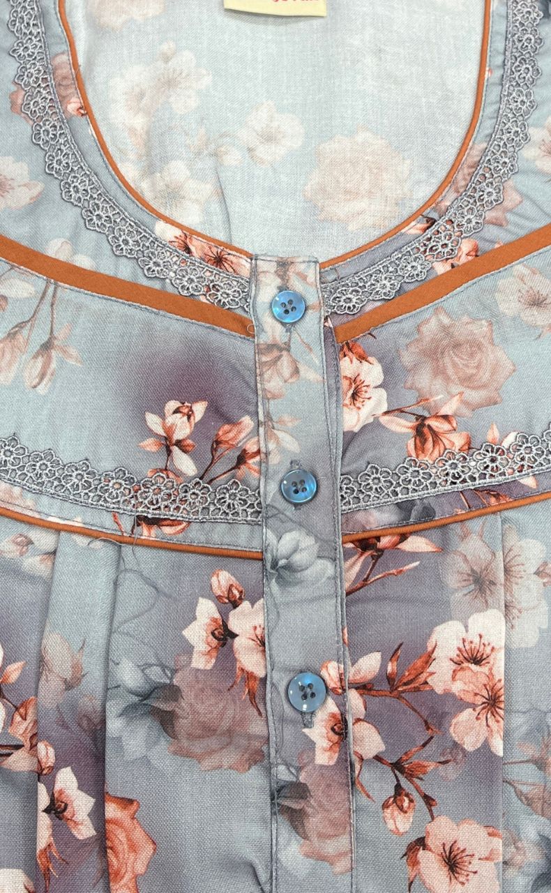 Grey/Peach Floral Spun Nighty. Flowy Spun Fabric | Laces and Frills - Laces and Frills