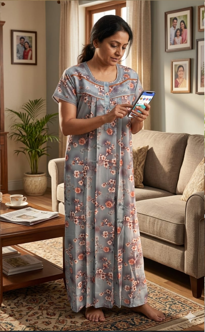 Grey/Peach Floral Spun Nighty. Flowy Spun Fabric | Laces and Frills - Laces and Frills