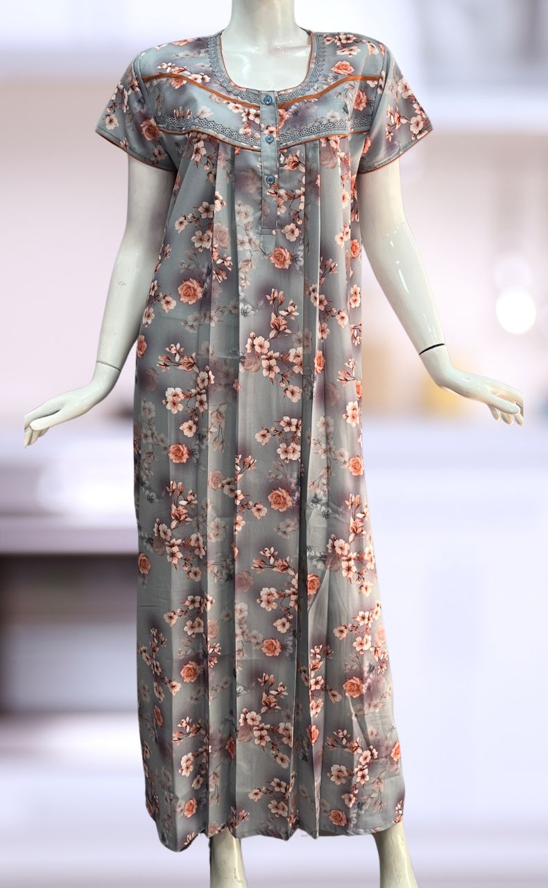 Grey/Peach Floral Spun Nighty. Flowy Spun Fabric | Laces and Frills - Laces and Frills