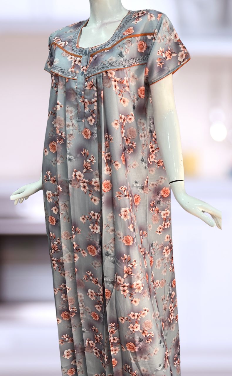 Grey/Peach Floral Spun Nighty. Flowy Spun Fabric | Laces and Frills - Laces and Frills