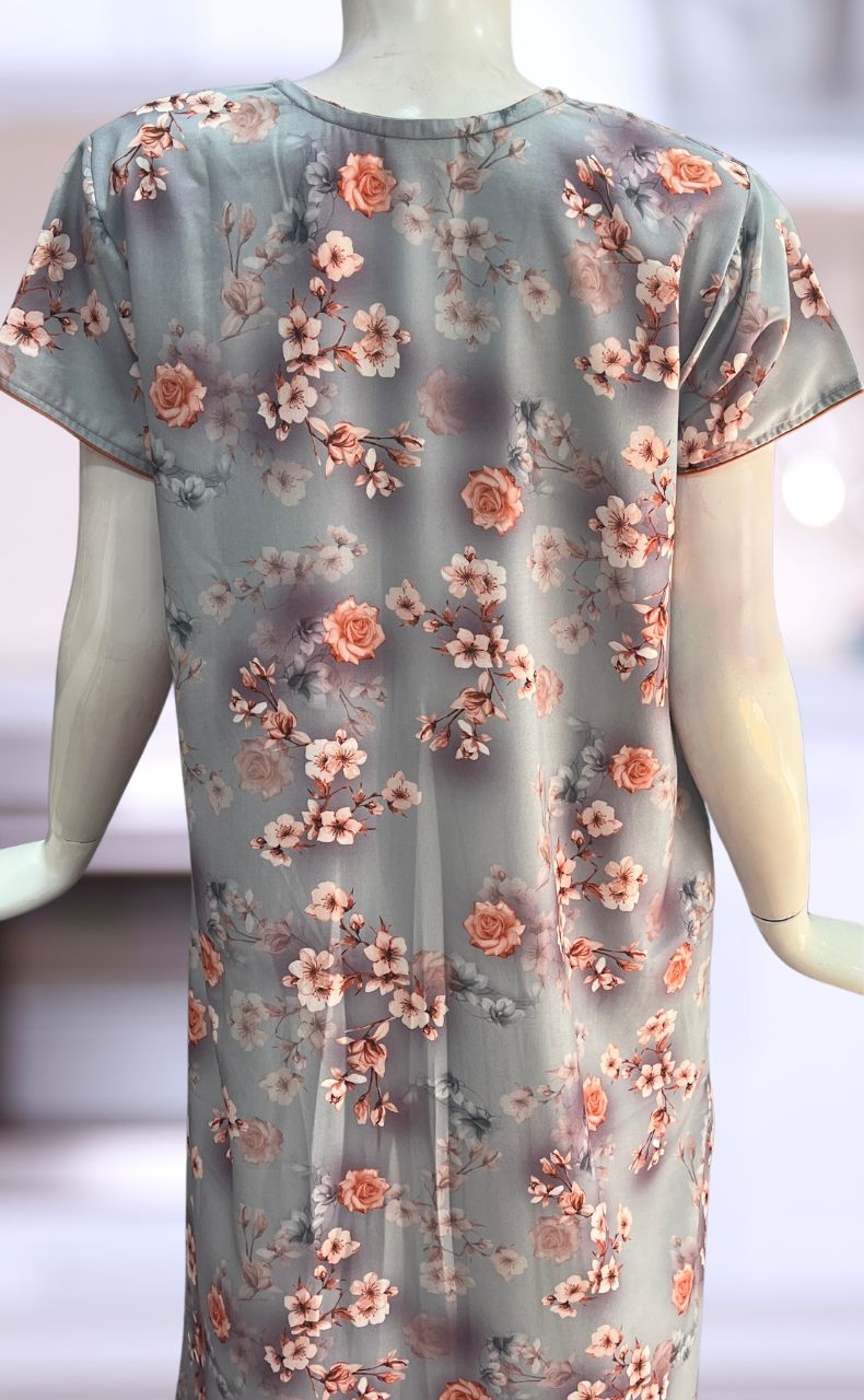 Grey/Peach Floral Spun Nighty. Flowy Spun Fabric | Laces and Frills - Laces and Frills