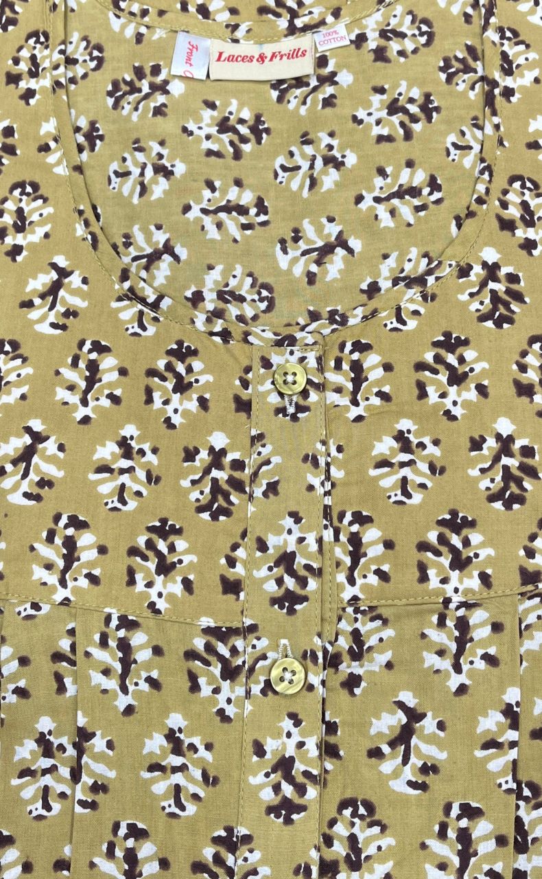 Beige/Brown Floral Full Open Pure Cotton Nighty. Pure Durable Cotton | Laces and Frills - Laces and Frills