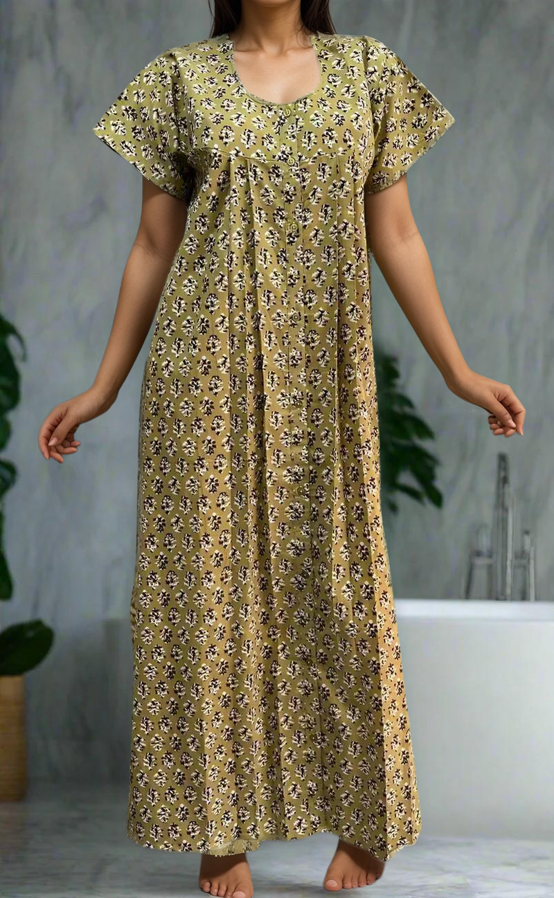 Beige/Brown Floral Full Open Pure Cotton Nighty. Pure Durable Cotton | Laces and Frills - Laces and Frills