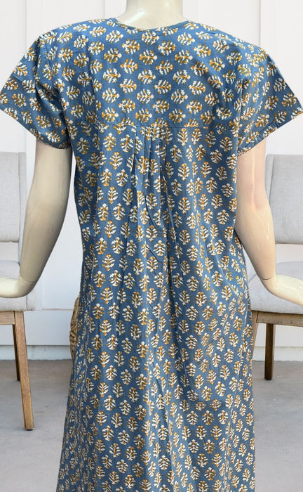 Blue/Mustard Floral Full Open Pure Cotton Nighty. Pure Durable Cotton | Laces and Frills - Laces and Frills