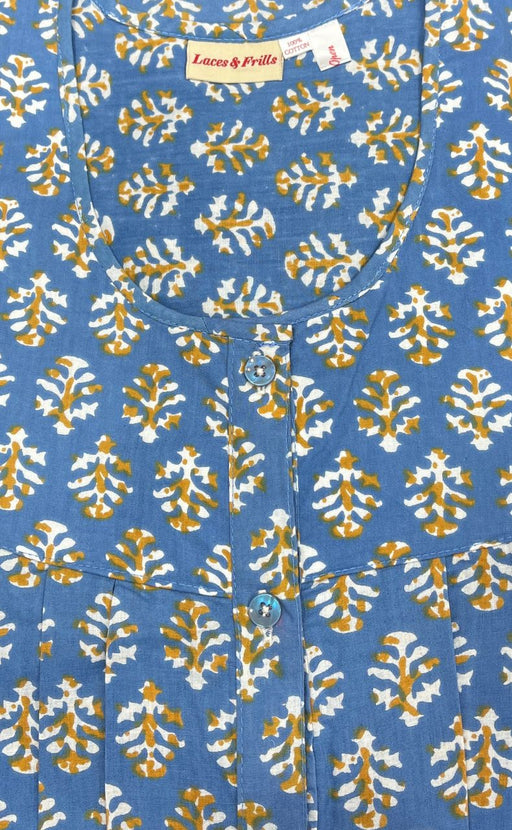 Blue/Mustard Floral Full Open Pure Cotton Nighty. Pure Durable Cotton | Laces and Frills - Laces and Frills