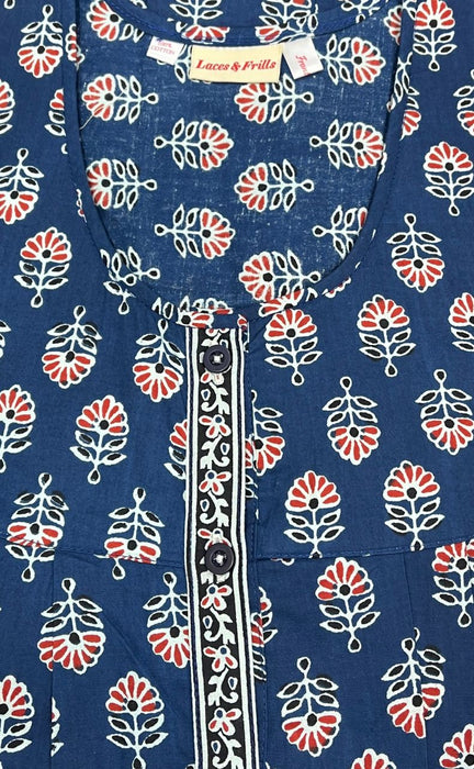 Indigo Blue Tiny Floral Full Open Pure Cotton Nighty. Pure Durable Cotton | Laces and Frills - Laces and Frills