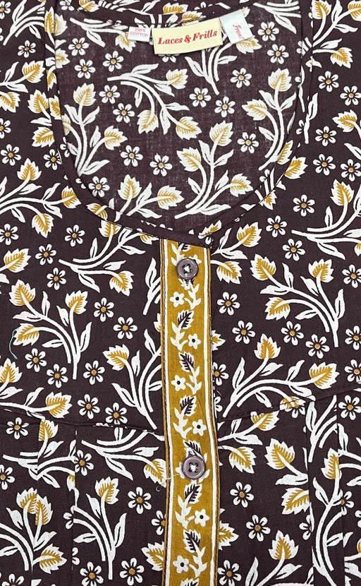 Dark Brown/Mustard Garden Full Open Pure Cotton Nighty. Pure Durable Cotton | Laces and Frills - Laces and Frills