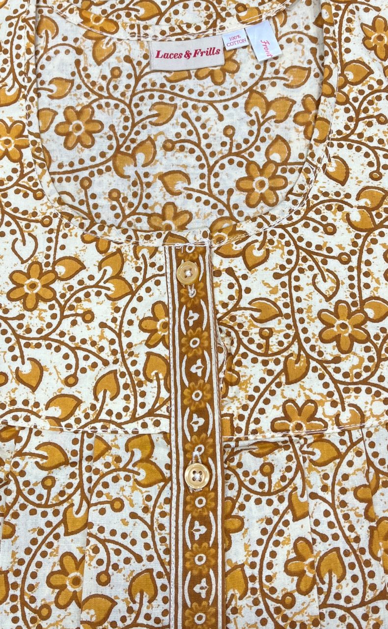 Off White/Yellow Floral Garden Full Open Pure Cotton Nighty. Pure Durable Cotton | Laces and Frills - Laces and Frills
