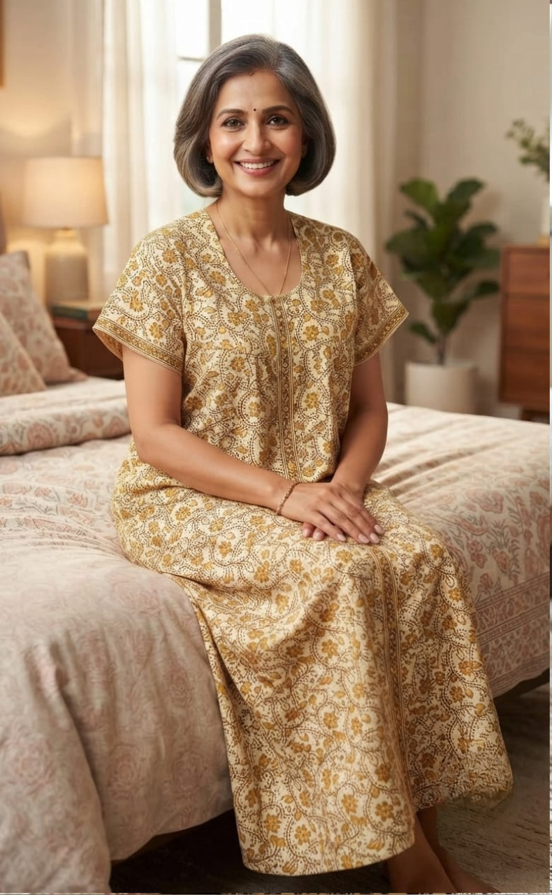 Off White/Yellow Floral Garden Full Open Pure Cotton Nighty. Pure Durable Cotton | Laces and Frills