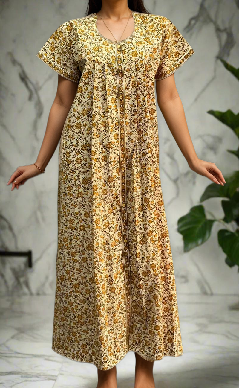 Off White/Yellow Floral Garden Full Open Pure Cotton Nighty. Pure Durable Cotton | Laces and Frills - Laces and Frills