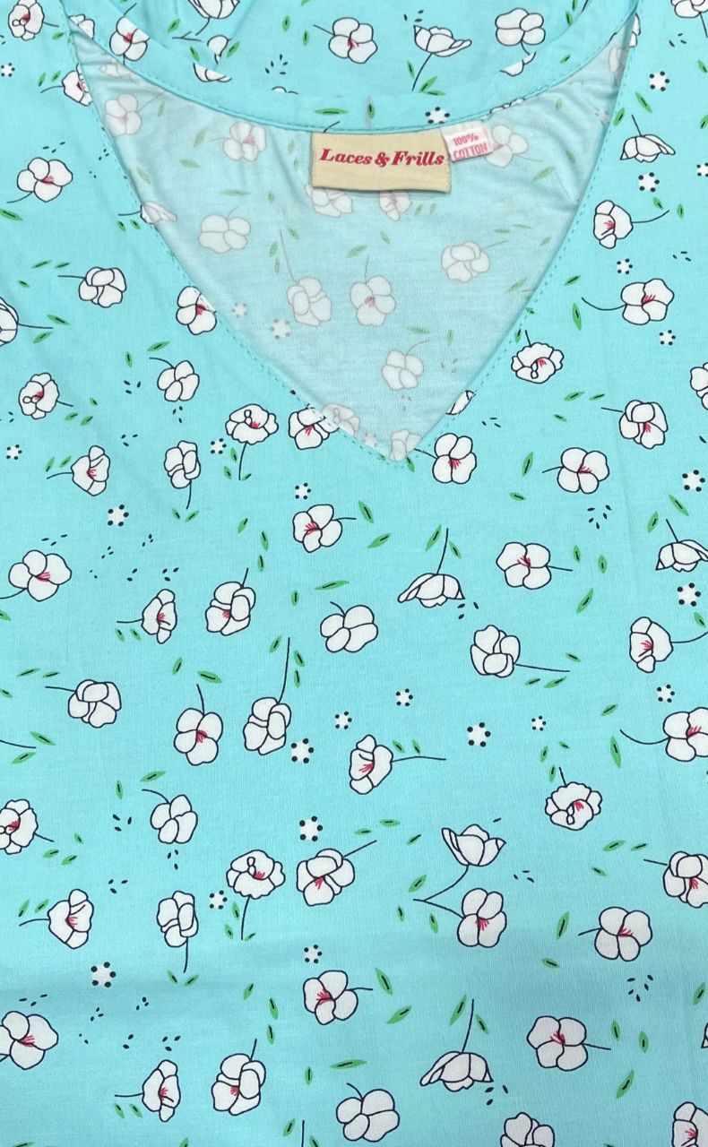Sea Green Tiny Floral Pure Cotton Nighty. Pure Durable Cotton | Laces and Frills - Laces and Frills