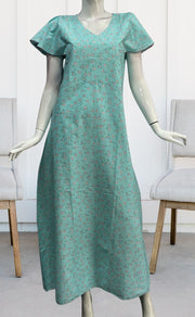 Sea Green Tiny Floral Pure Cotton Nighty. Pure Durable Cotton | Laces and Frills - Laces and Frills