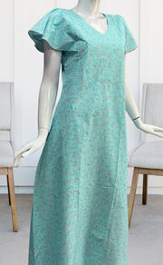 Sea Green Tiny Floral Pure Cotton Nighty. Pure Durable Cotton | Laces and Frills - Laces and Frills