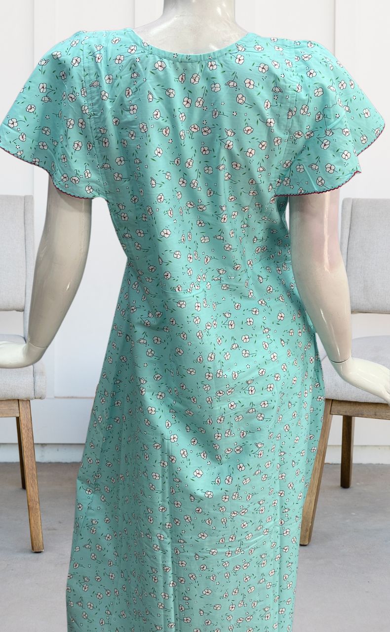 Sea Green Tiny Floral Pure Cotton Nighty. Pure Durable Cotton | Laces and Frills - Laces and Frills