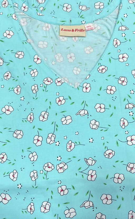 Sea Green Tiny Floral Pure Cotton Nighty. Pure Durable Cotton | Laces and Frills - Laces and Frills